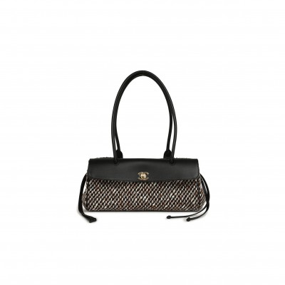 CHANEL MASTER SMALL URBAN ESSENTIAL EAST WEST SHOPPING TOTE BLACK CALFSKIN AND MULTI TWEED GOLD HARDWARE (31*15*12cm) 